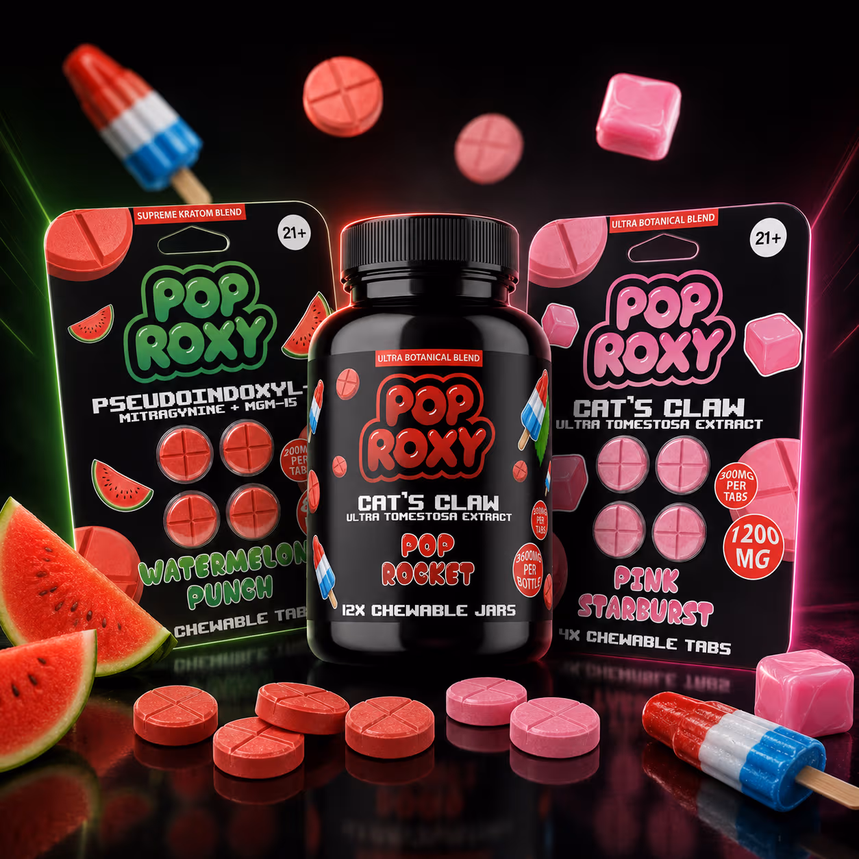 PopRoxy product lineup — Cat's Claw and Supreme Kratom Blend